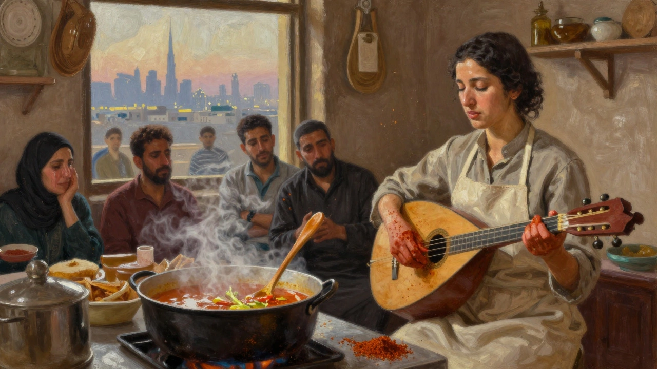 A chef cooking in a kitchen while a refugee plays oud, patrons listening quietly as golden light fills the room.