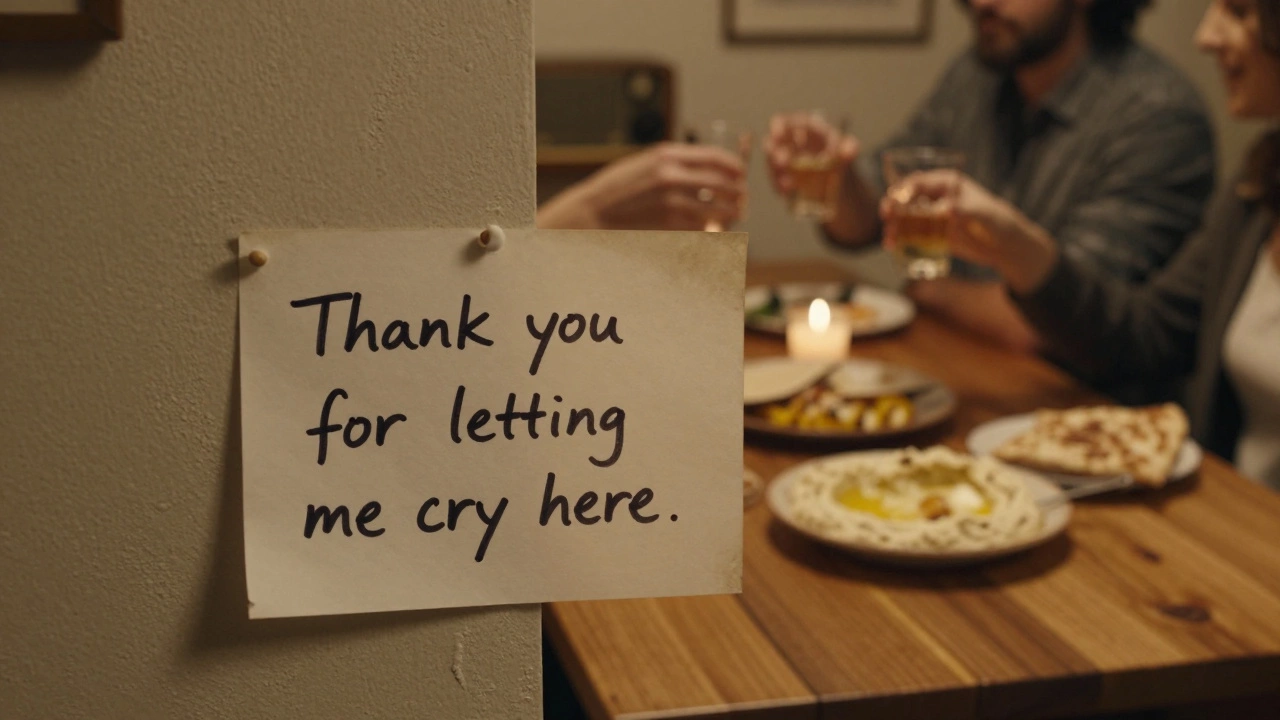 A handwritten note on a wall reads &#039;Thank you for letting me cry here,&#039; with blurred diners toasting in the background.