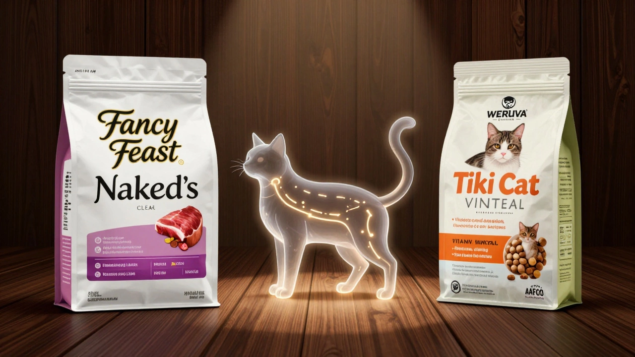 Side-by-side comparison of cat food labels showing simple ingredients vs. balanced nutrition.